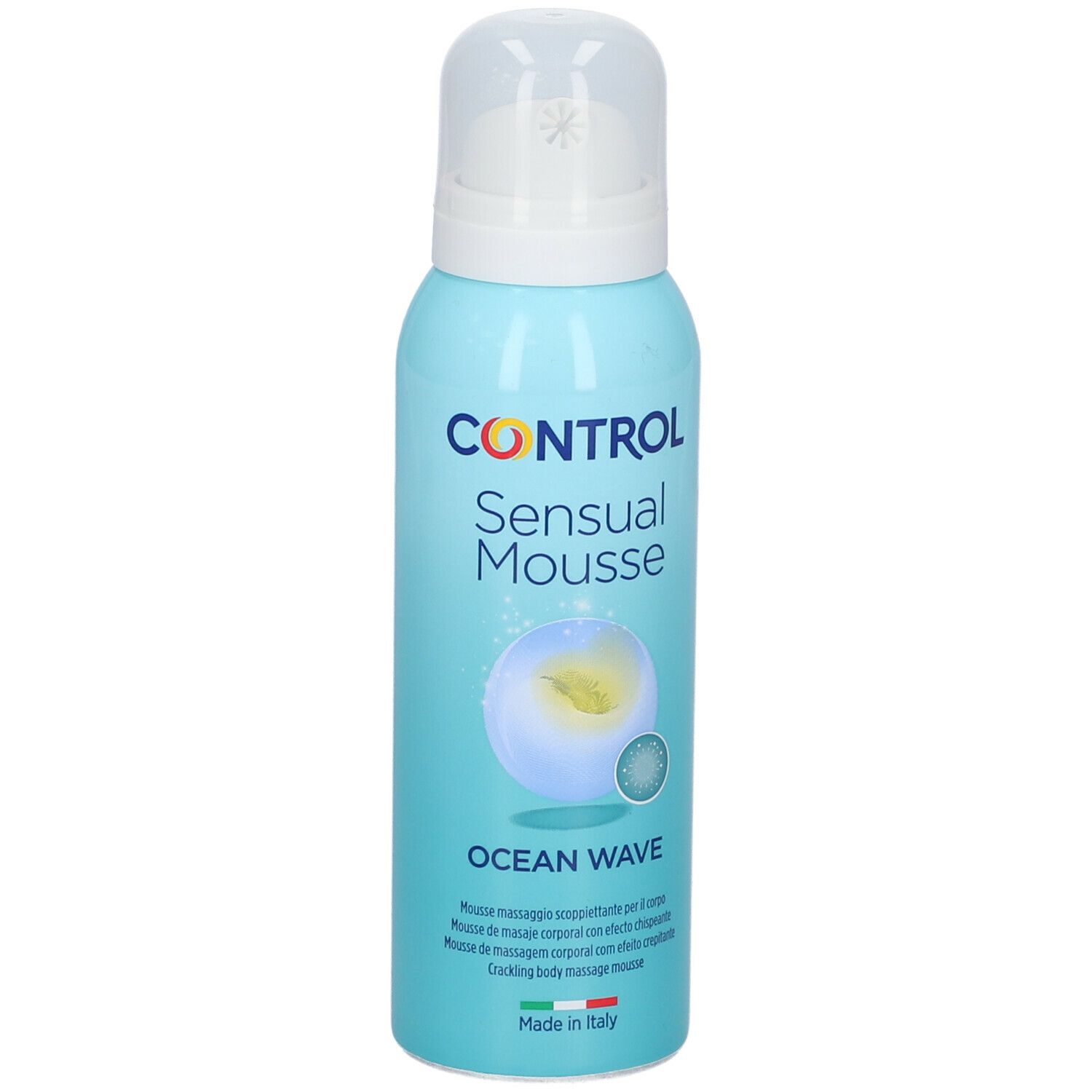 Flacone azzurro con testo e avvertenze. Erogatore bianco. Scritta: CONTROL Sensual Mousse Ocean Wave. 125ml.