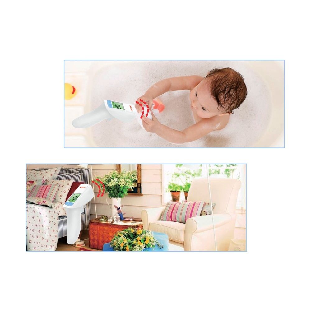 Due scene con il termometro GimaTemp. Bambino nella vasca da bagno e termometro in soggiorno. Ambienti diversi.