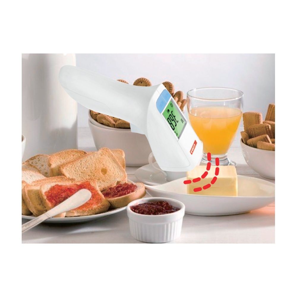 Termometro GimaTemp misura la temperatura di burro e toast. Ambiente: tavolo della colazione. Linee rosse.