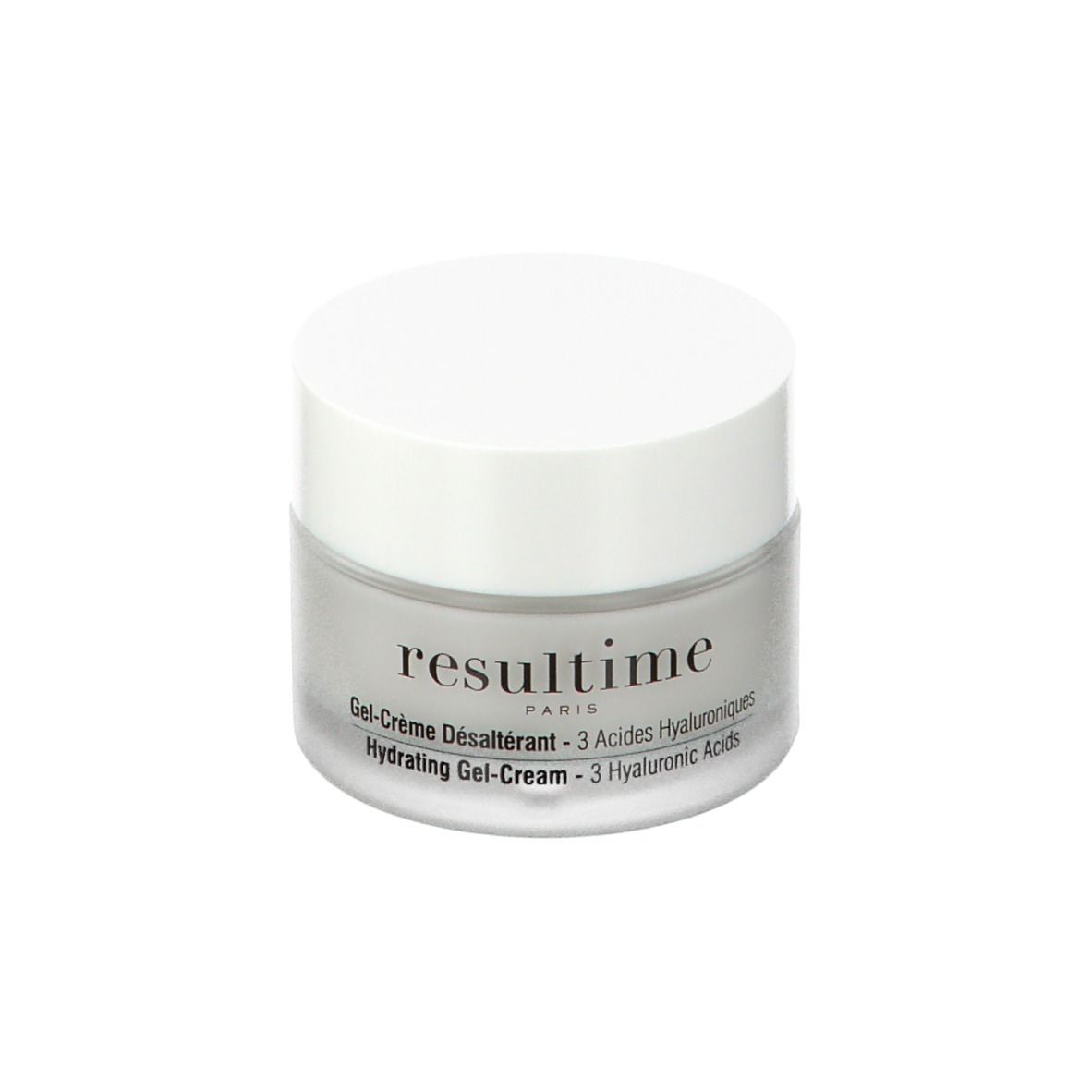 Vasetto trasparente con coperchio bianco. Scritta: Resultime Paris, Gel-Crème Désaltérant, 3 Acides Hyaluroniques, Hydrating Gel-Cream.