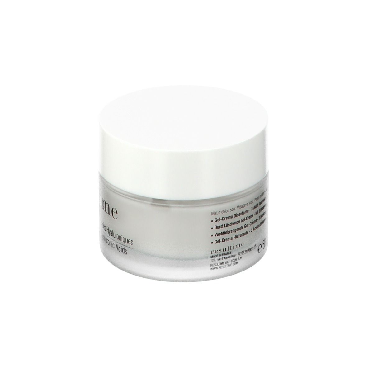 Vasetto trasparente con coperchio bianco. Scritta: Resultime Paris, Gel-Crème Désaltérant, 3 Acides Hyaluroniques, Hydrating Gel-Cream.