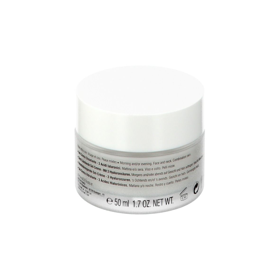 Vasetto trasparente con coperchio bianco. Scritta: Resultime Paris, Gel-Crème Désaltérant, 3 Acides Hyaluroniques, Hydrating Gel-Cream.