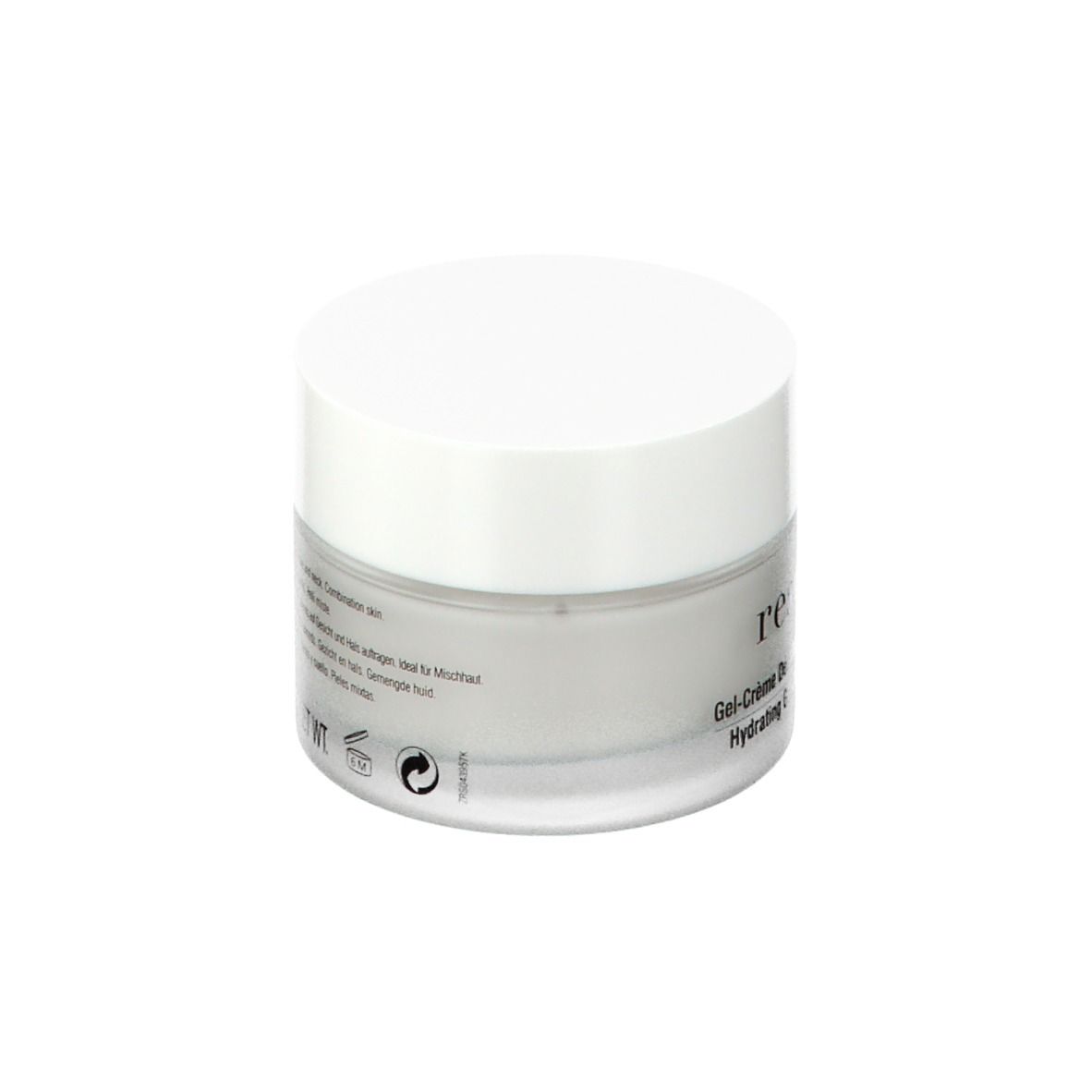 Vasetto trasparente con coperchio bianco. Scritta: Resultime Paris, Gel-Crème Désaltérant, 3 Acides Hyaluroniques, Hydrating Gel-Cream.
