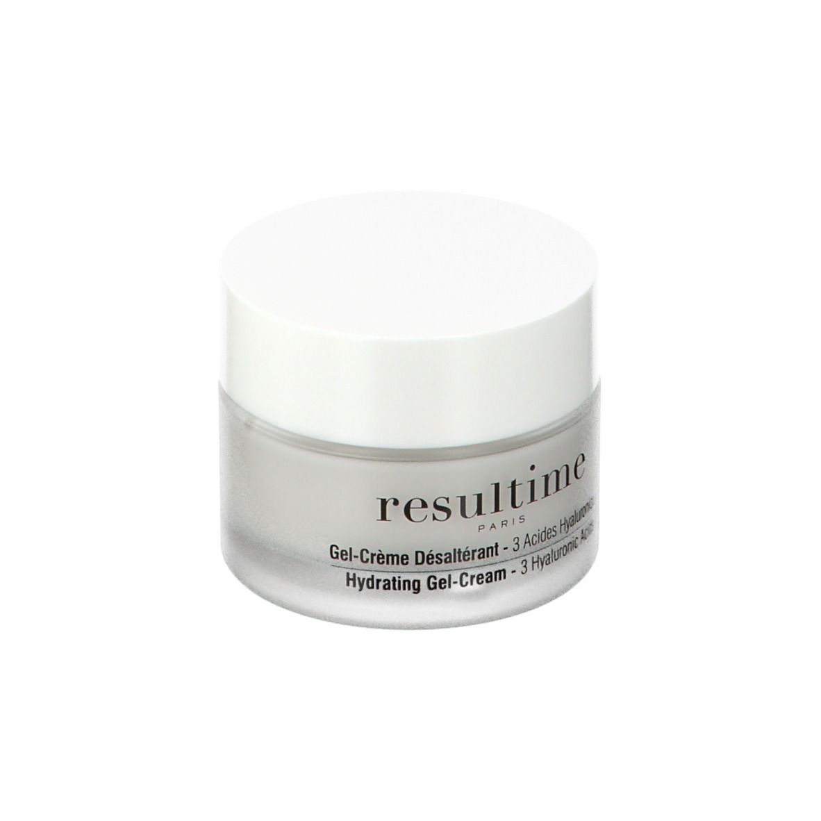 Vasetto trasparente con coperchio bianco. Scritta: Resultime Paris, Gel-Crème Désaltérant, 3 Acides Hyaluroniques, Hydrating Gel-Cream.