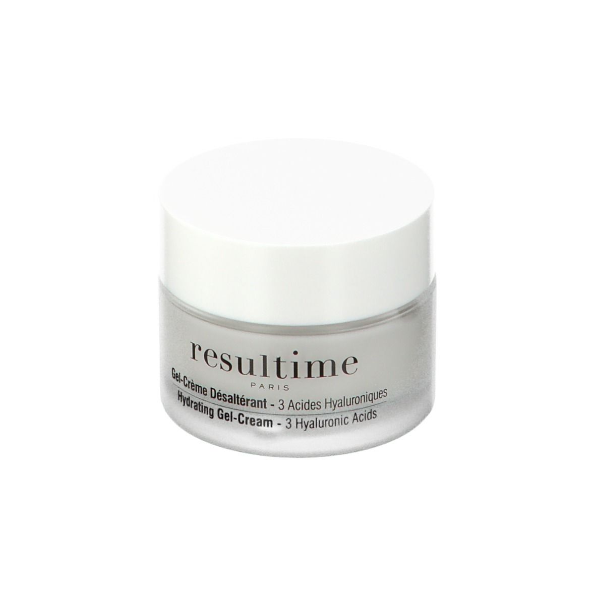 Vasetto trasparente con coperchio bianco. Scritta: Resultime Paris, Gel-Crème Désaltérant, 3 Acides Hyaluroniques, Hydrating Gel-Cream.