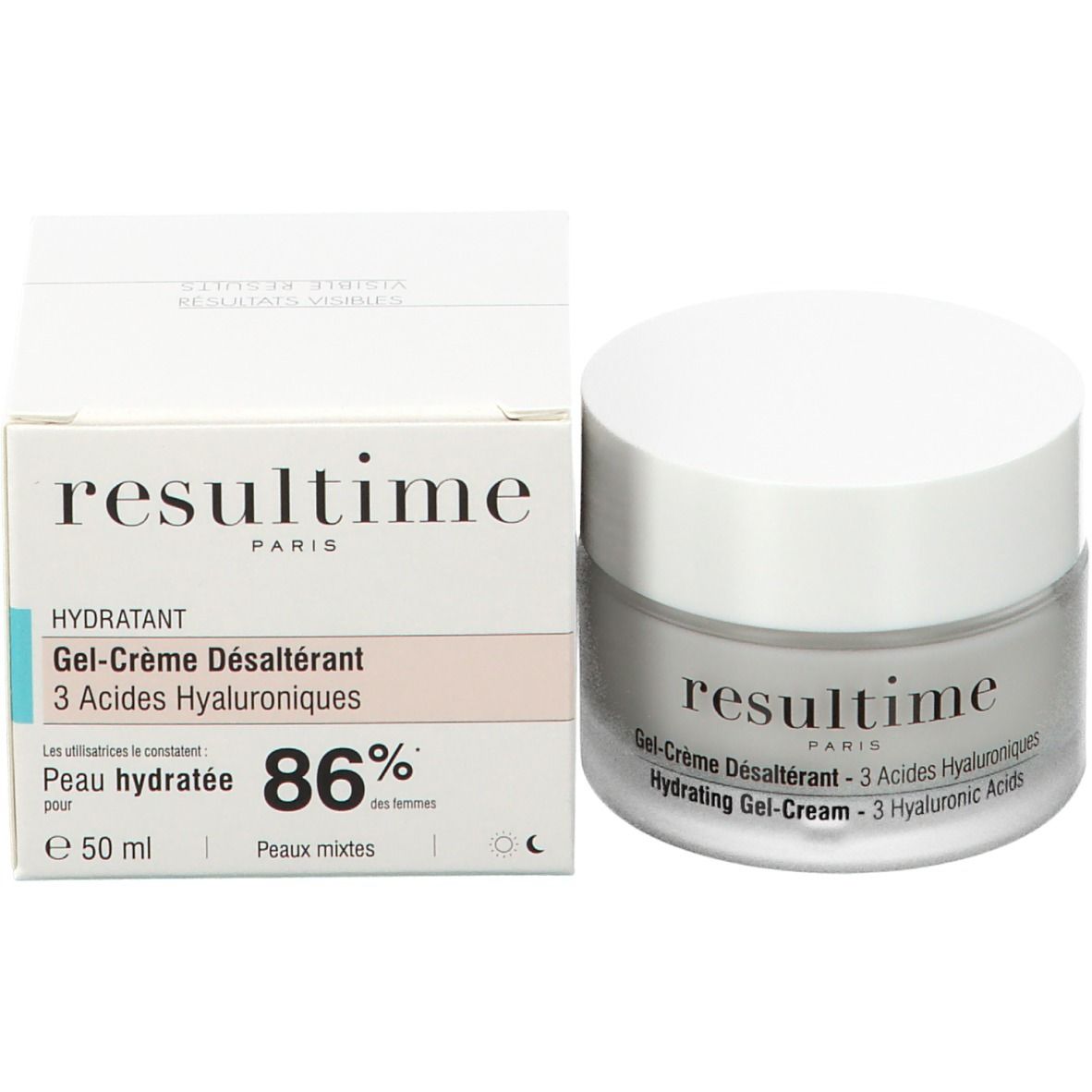 Confezione e vasetto. Confezione con scritta: Resultime, Hydratant, Gel-Crème Désaltérant, 3 Acides Hyaluroniques. Vasetto accanto.