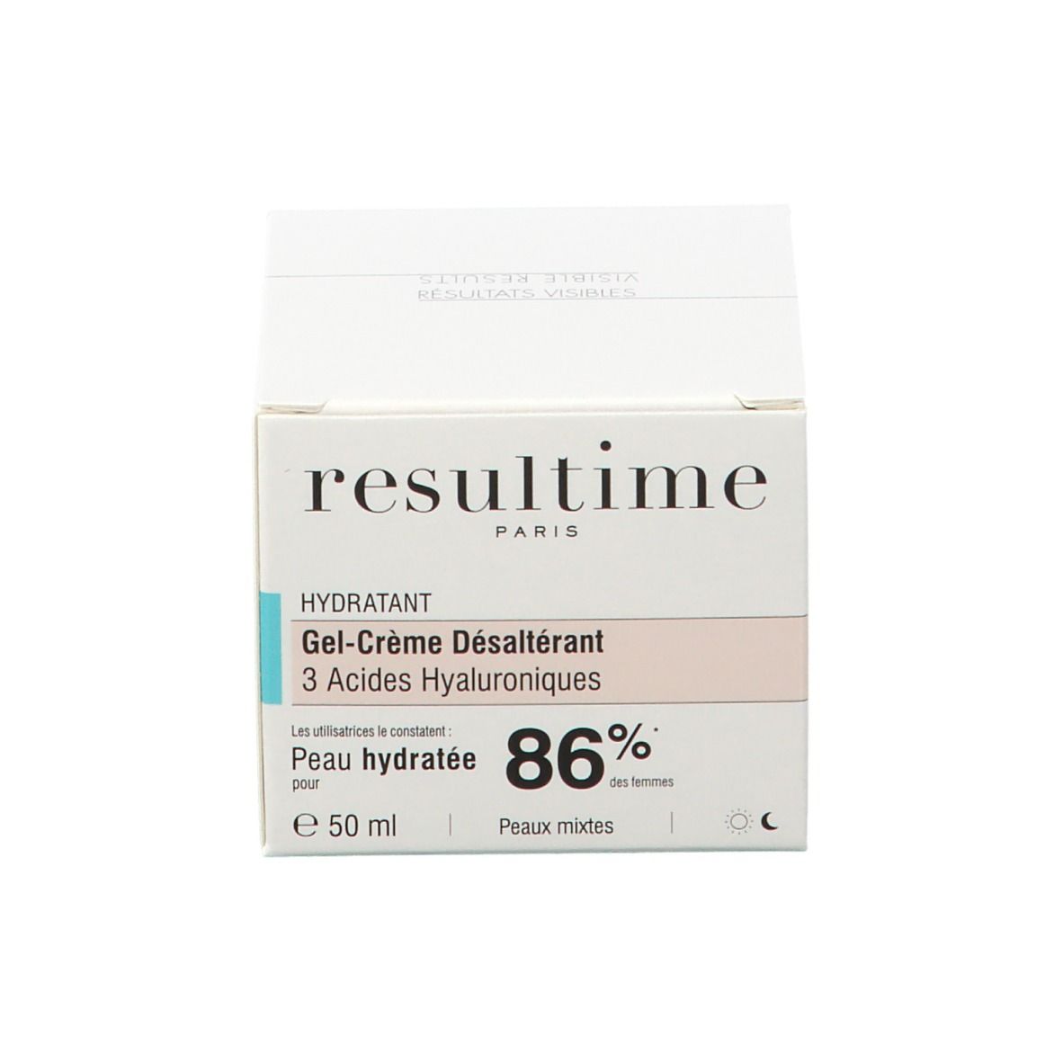 Confezione con scritta: Resultime, Hydratant, Gel-Crème Désaltérant, 3 Acides Hyaluroniques. 86% pelle idratata.