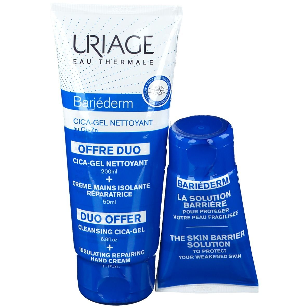 Due tubi. Logo URIAGE. Testo: Bariéderm, Cica-Gel Nettoyant, Crème Mains Isolante Réparatrice. Offerta Duo.