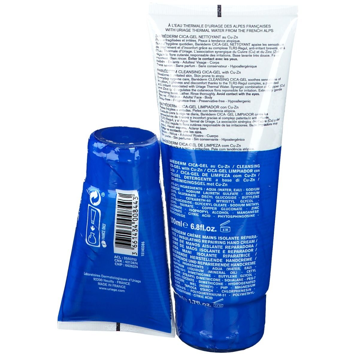 Due tubi. Logo URIAGE. Testo: Bariéderm, Cica-Gel Nettoyant, Crème Mains Isolante Réparatrice. 200ml, 50ml.