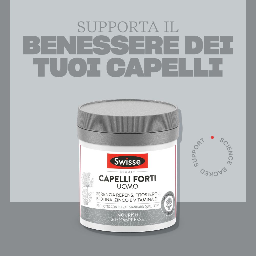 Prodotto bianco con coperchio grigio. Scritta: Swisse, Capelli Forti Uomo. 30 compresse. Testo.