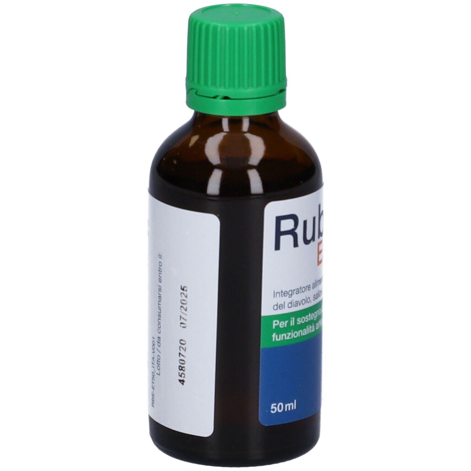 Flacone di vetro marrone con tappo a vite verde. Etichetta con informazioni sul prodotto. Scritta Rubaxx Estratto e 50ml.