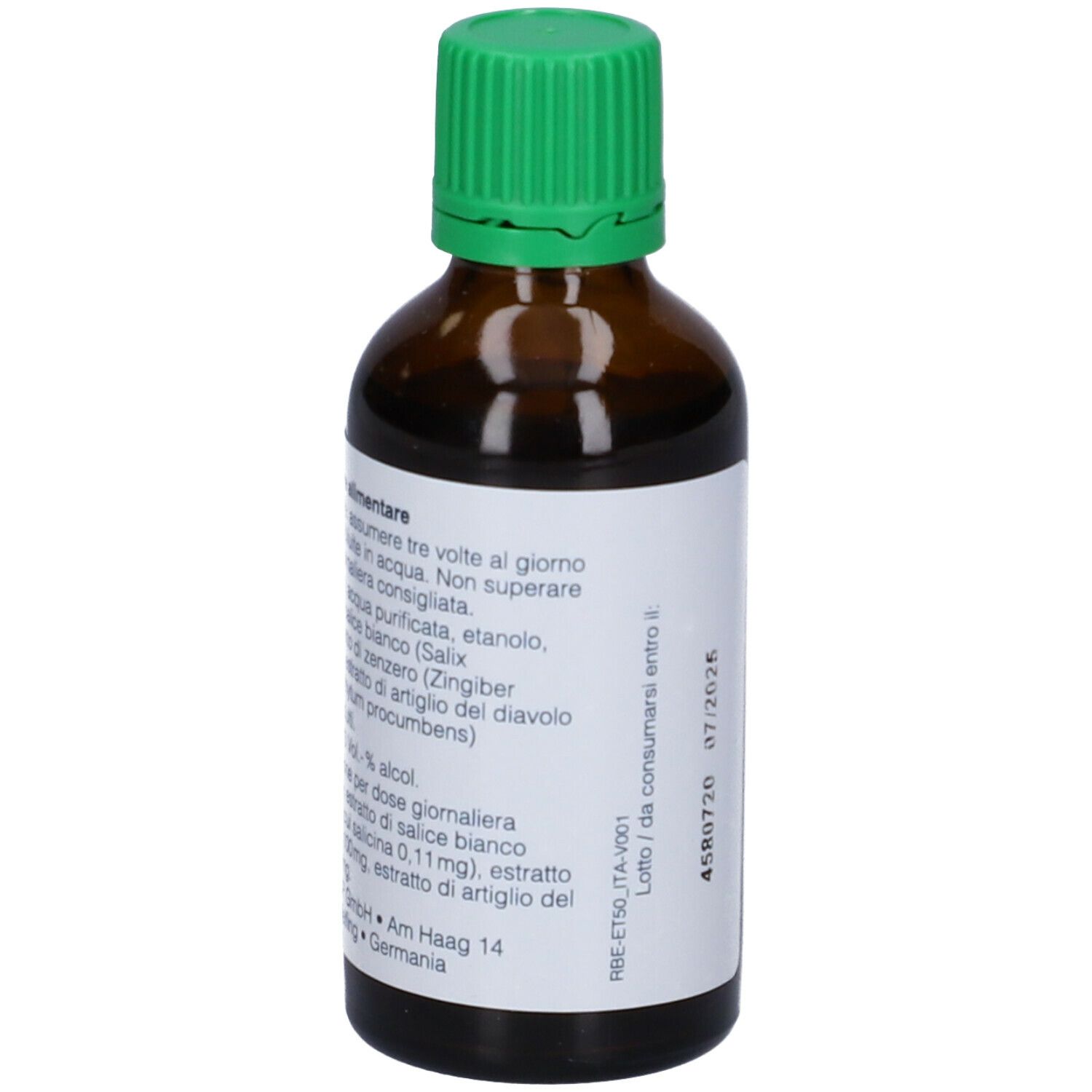 Flacone di vetro marrone con tappo a vite verde. Etichetta con informazioni sul prodotto. Scritta Rubaxx Estratto e 50ml.