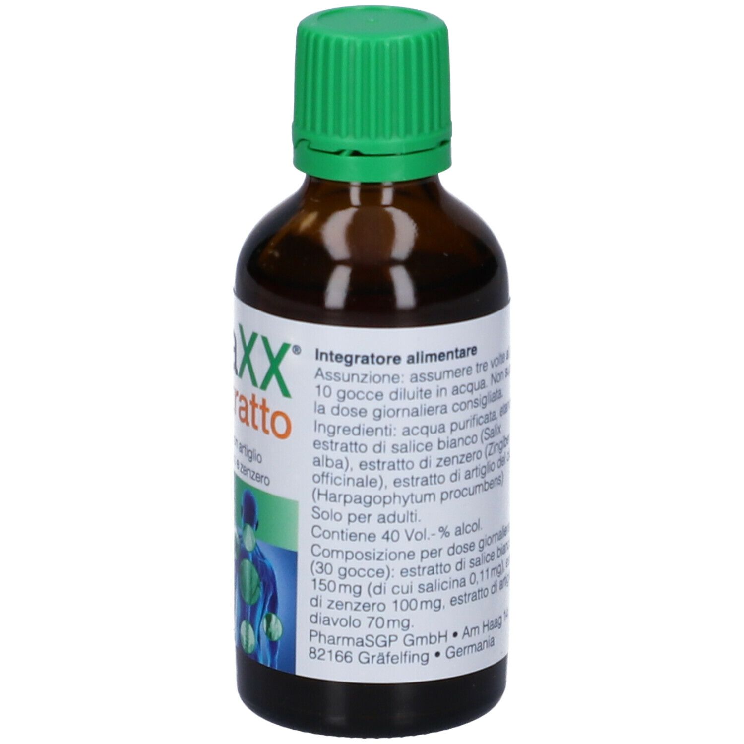 Flacone di vetro marrone con tappo a vite verde. Etichetta con informazioni sul prodotto. Scritta Rubaxx Estratto e 50ml.