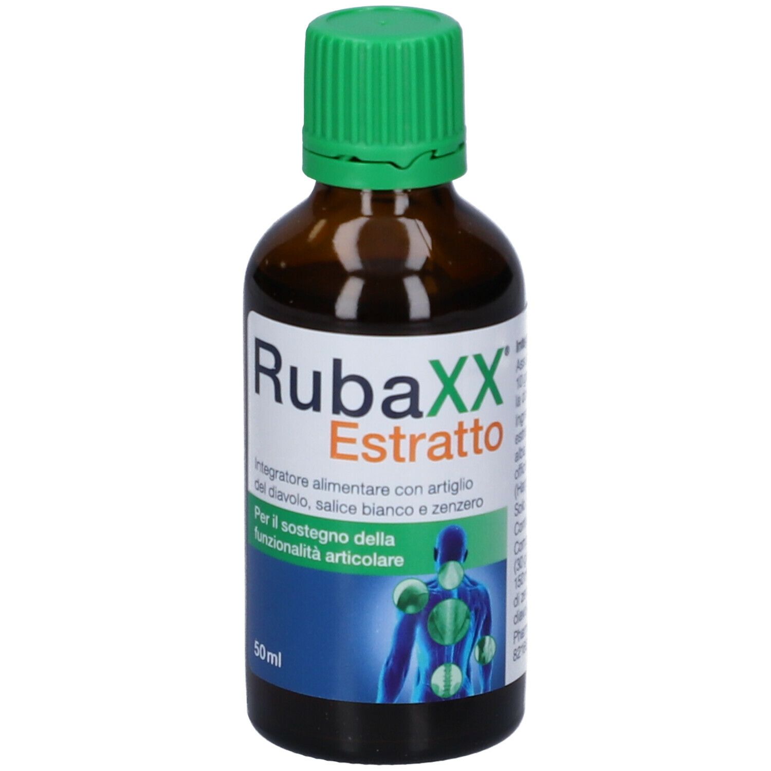 Flacone di vetro marrone con tappo a vite verde. Etichetta con informazioni sul prodotto. Scritta Rubaxx Estratto e 50ml.