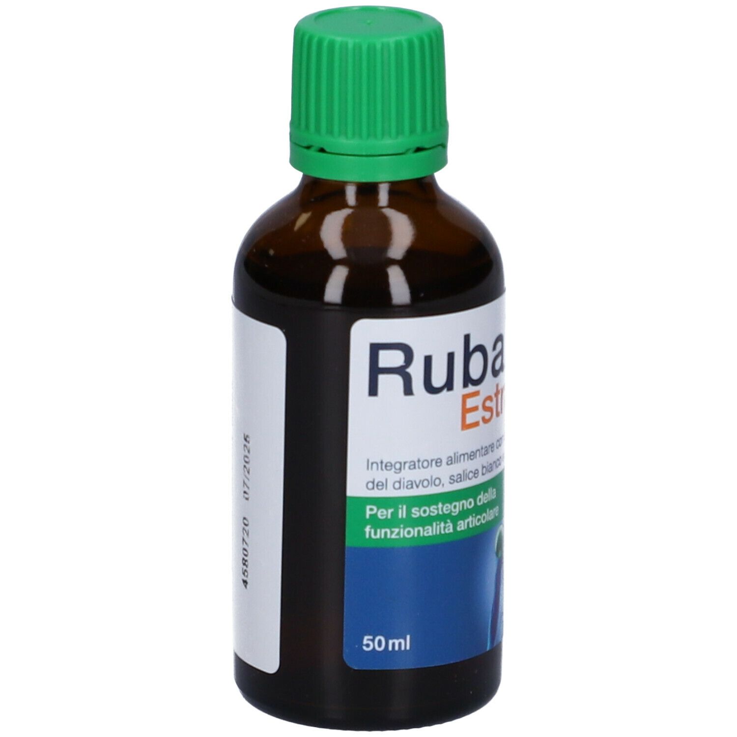 Flacone di vetro marrone con tappo a vite verde. Etichetta con informazioni sul prodotto. Scritta Rubaxx Estratto e 50ml.