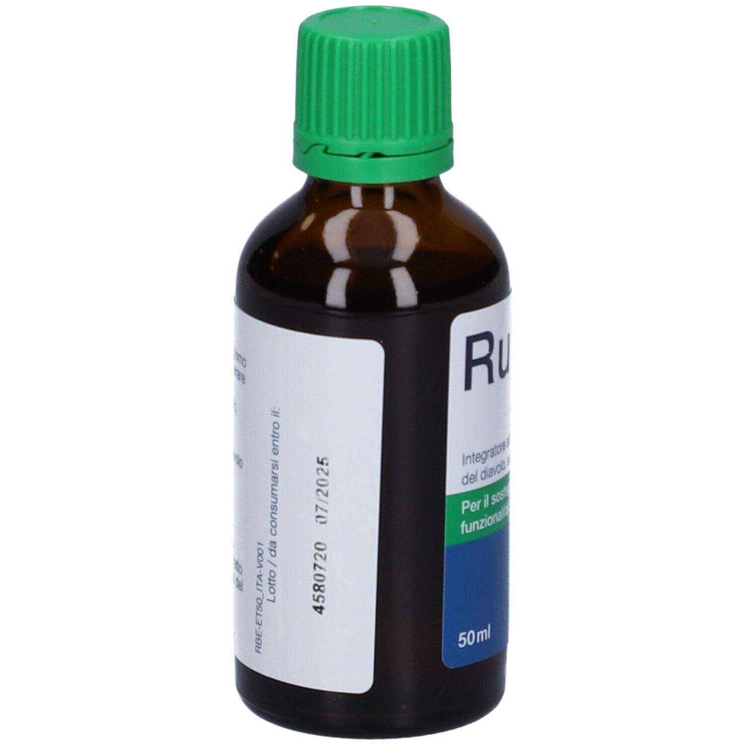Flacone di vetro marrone con tappo a vite verde. Etichetta con informazioni sul prodotto. Scritta Rubaxx Estratto e 50ml.