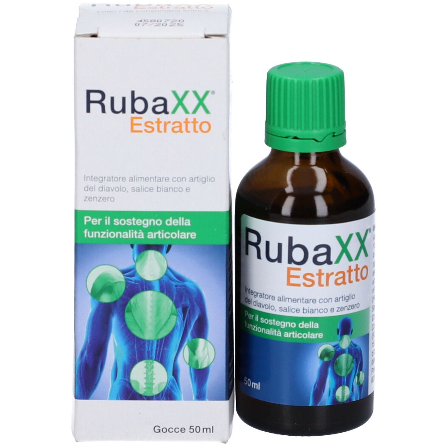 Rubaxx Estratto, flacone e confezione. Flacone di vetro marrone con tappo verde accanto alla confezione.