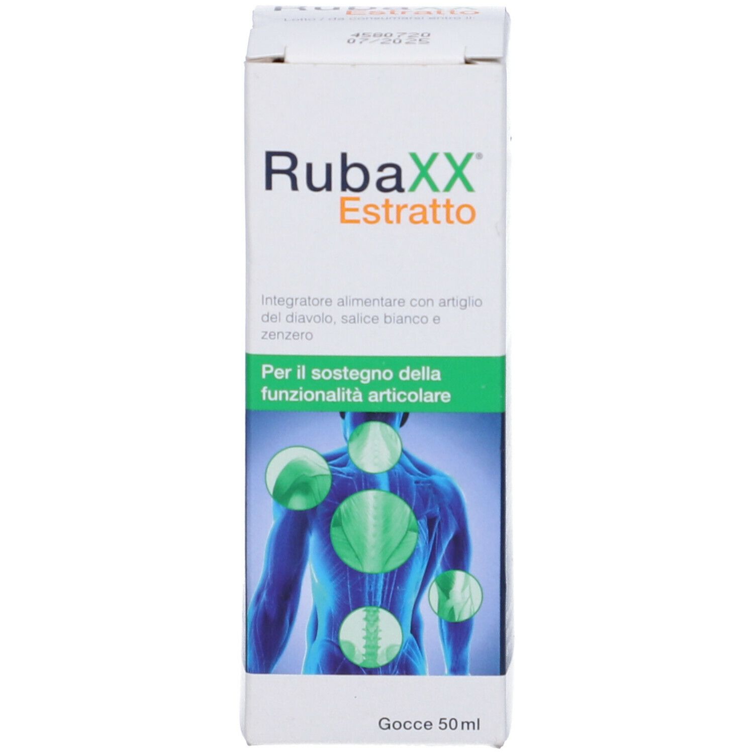 Rubaxx Estratto, confezione. Confezione verde e bianca con informazioni sul prodotto e illustrazione del corpo umano.
