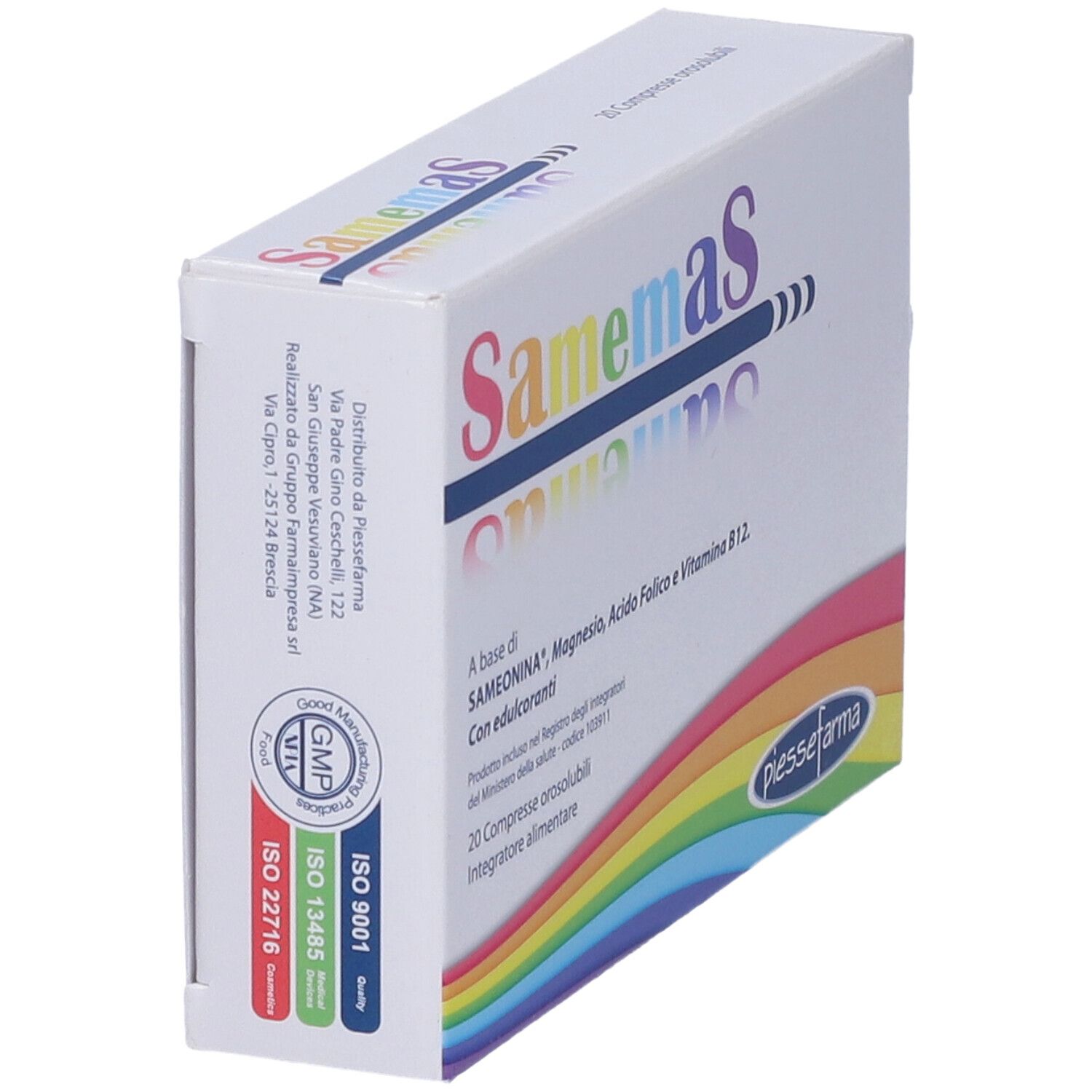 Scatola "Samemas" con design arcobaleno colorato. Scritta "20 Compresse orosolubili". Certificazioni ISO.