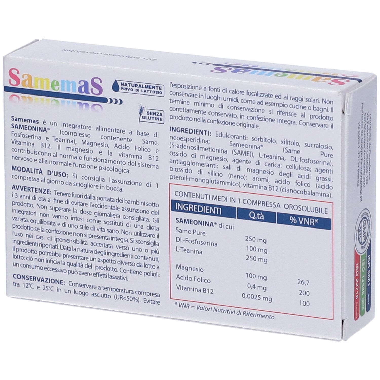 Retro della scatola "Samemas". Ingredienti e informazioni nutrizionali. Testo in italiano.