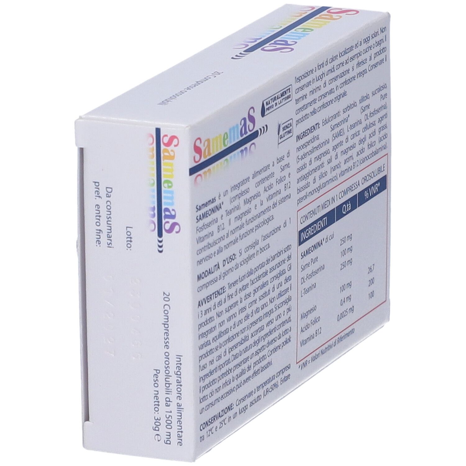 Scatola "Samemas" con informazioni. Testo in italiano. Data di scadenza.