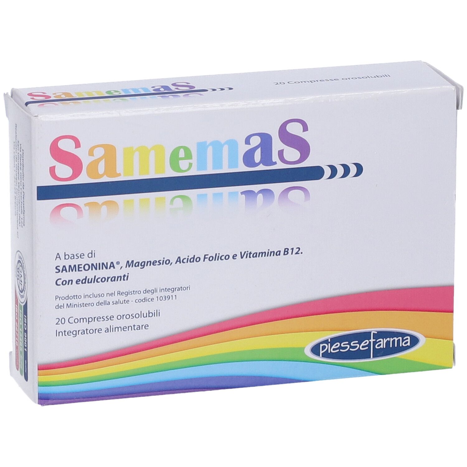 Scatola "Samemas" con informazioni sul prodotto. "20 Compresse orosolubili". Marchio: Piessefarm.