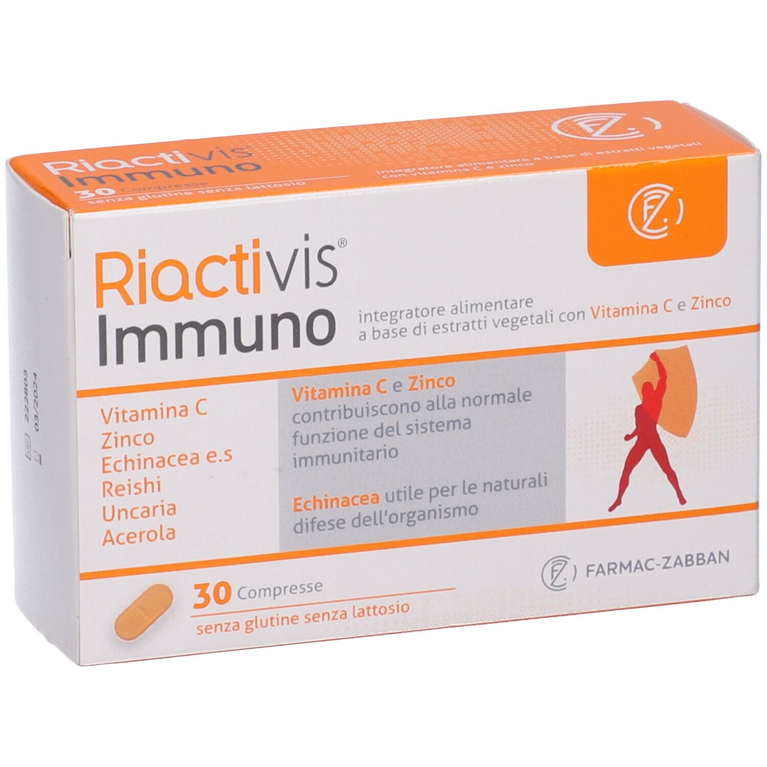 Scatola 'Riactivis Immuno' con 30 compresse. Contiene vitamina C, zinco, echinacea. Senza glutine e lattosio.