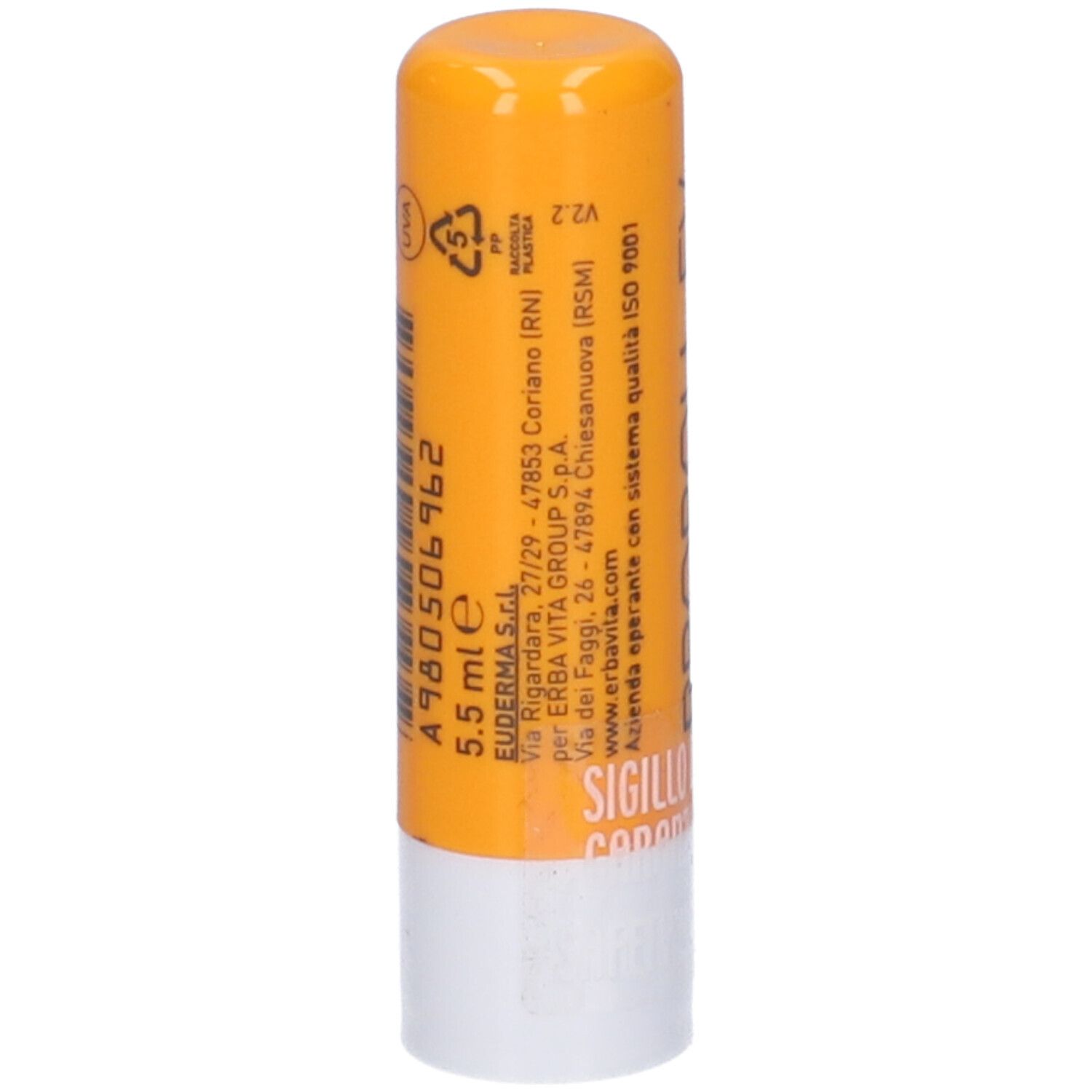 Stick per labbra giallo e bianco. Scritte e informazioni.