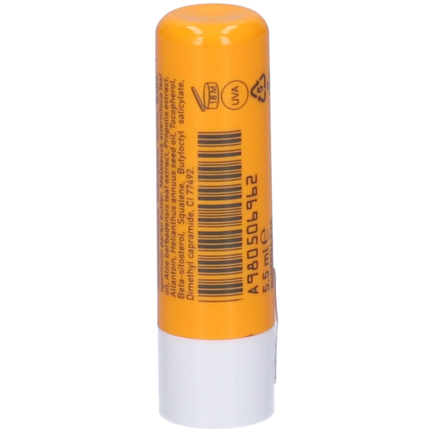 Stick per labbra giallo e bianco. Codice a barre e ingredienti.