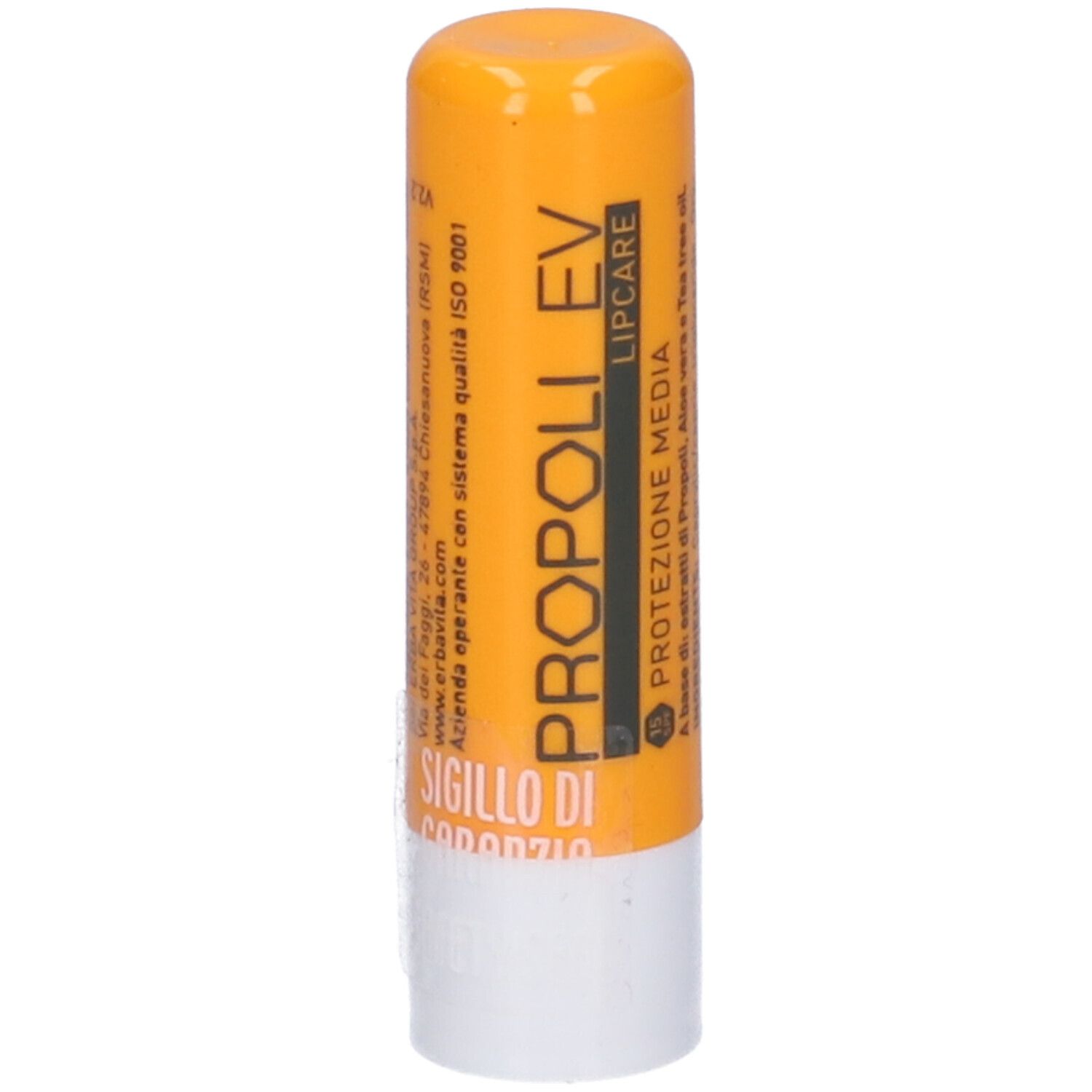 Stick per labbra giallo e bianco. Scritta: Propoli EV Lipcare.