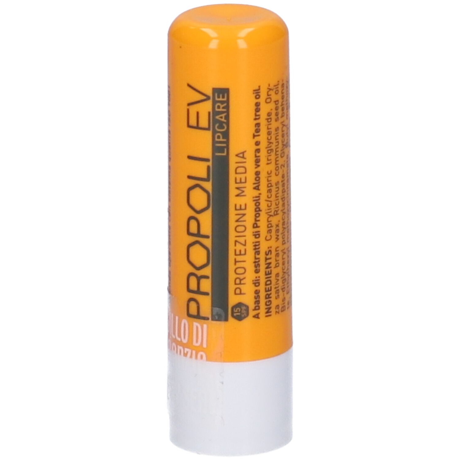 Stick per labbra giallo e bianco. Scritte e ingredienti.