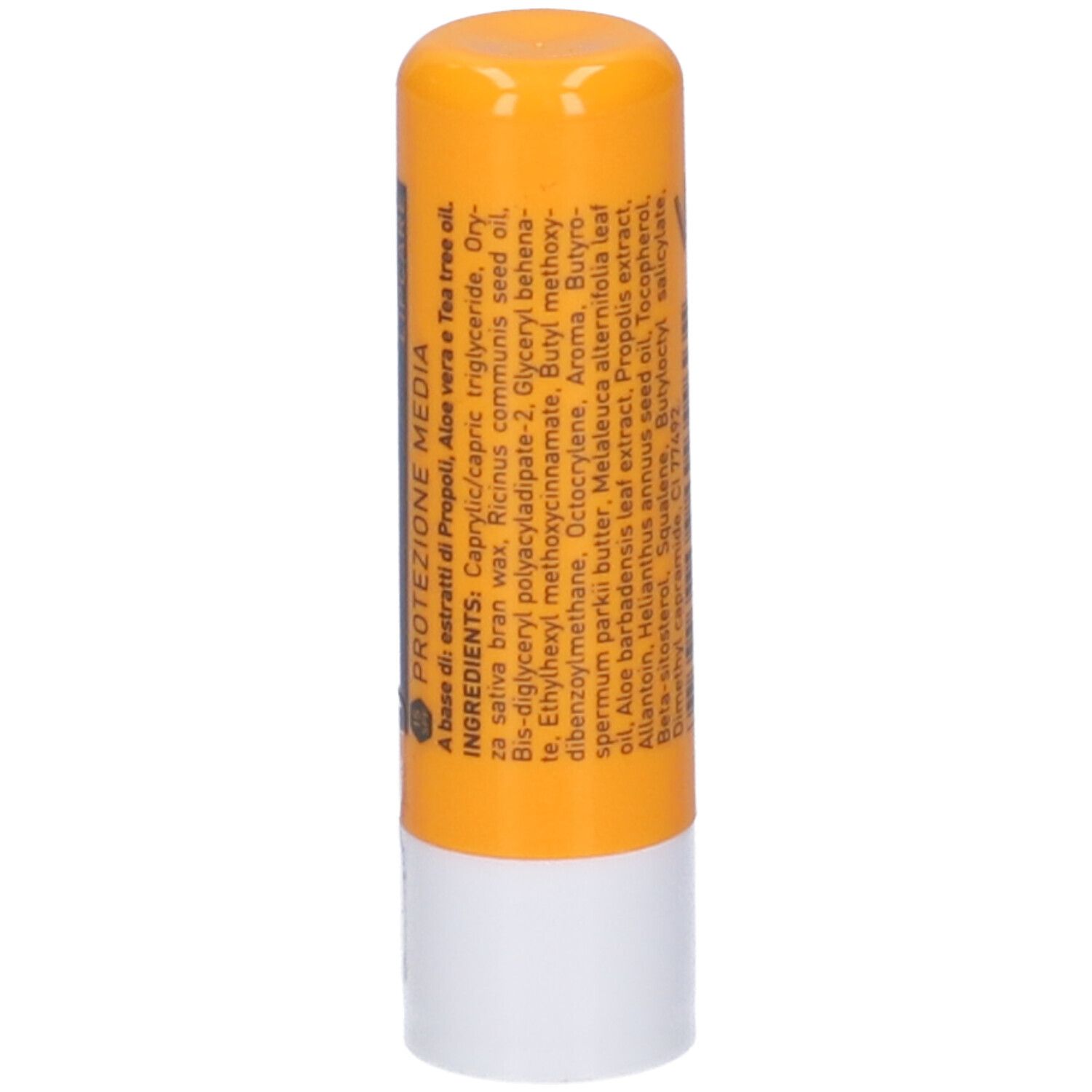 Stick per labbra giallo e bianco. Scritte e ingredienti.