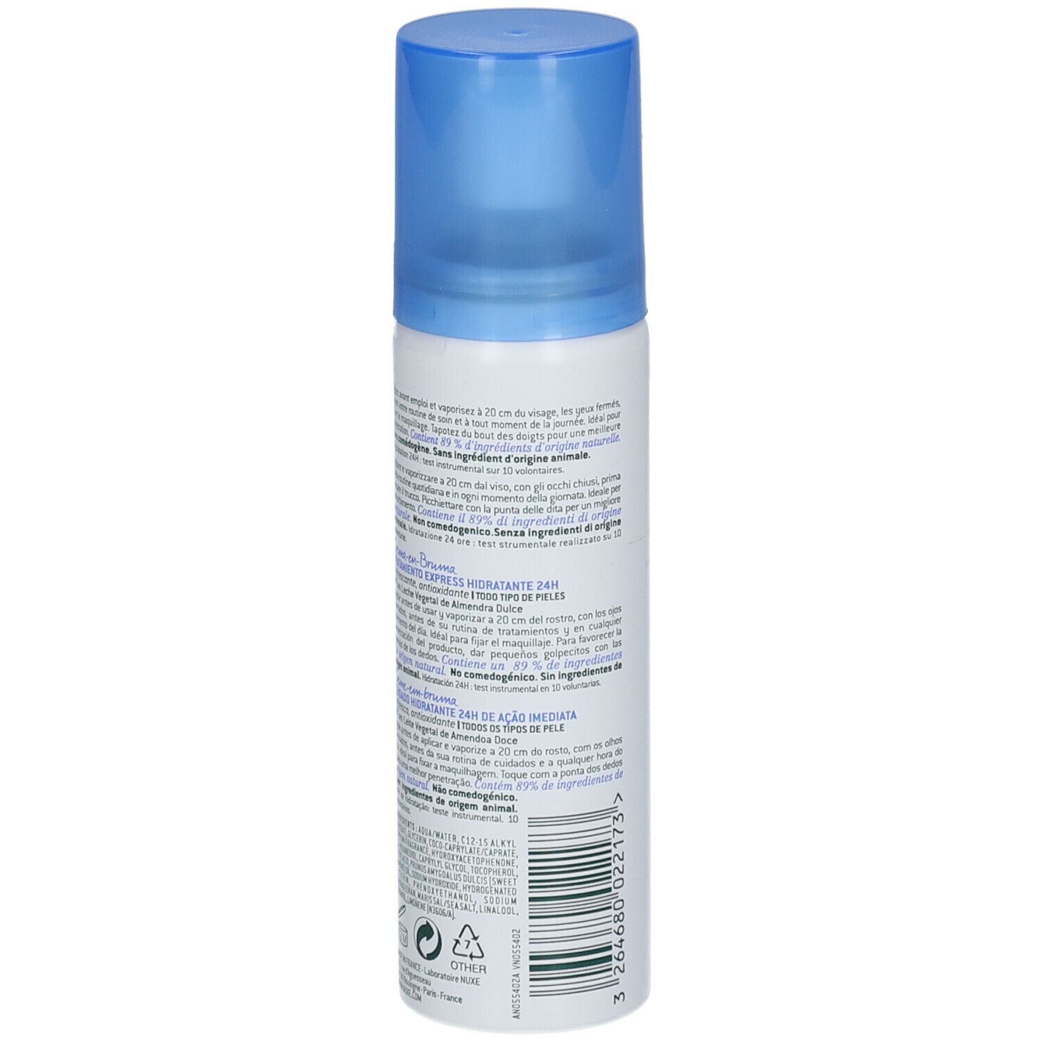 Flacone spray bianco e blu con testo. Testo in francese e italiano. Vista posteriore.