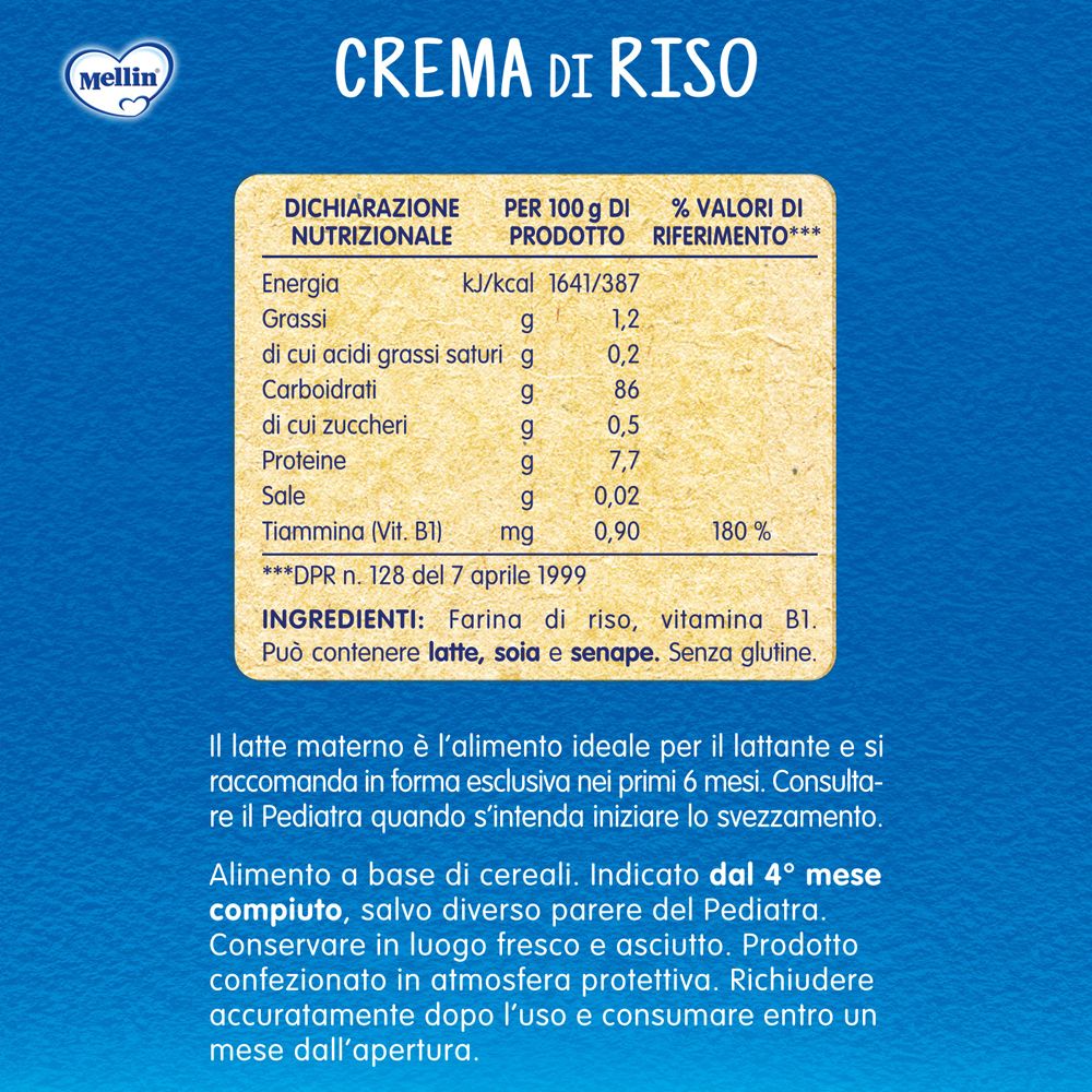 Retro della confezione Mellin Crema di Riso. Informazioni nutrizionali e lista ingredienti. Testo in italiano.