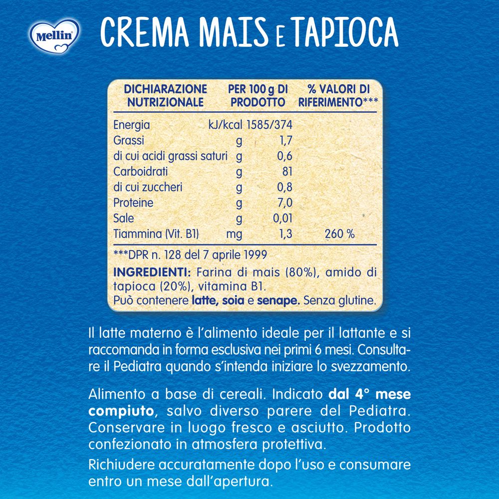 Crema di mais e tapioca Mellin con dichiarazione nutrizionale e ingredienti.