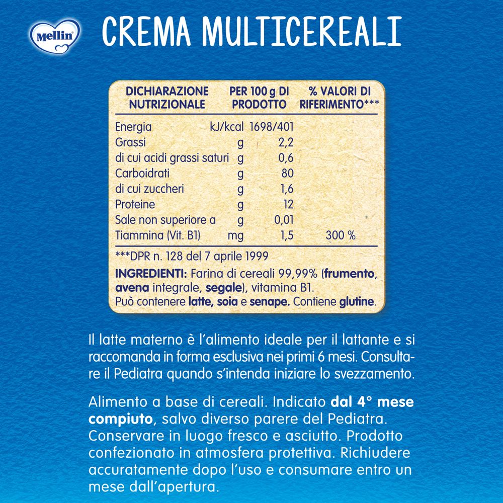 Retro della confezione Mellin Crema Multicereali. Contiene informazioni nutrizionali, elenco ingredienti e altre informazioni.