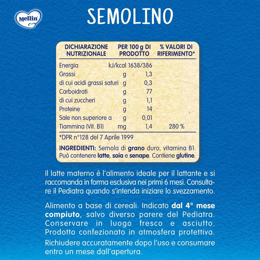 Mellin Semolino: dichiarazione nutrizionale e ingredienti. Contiene glutine.