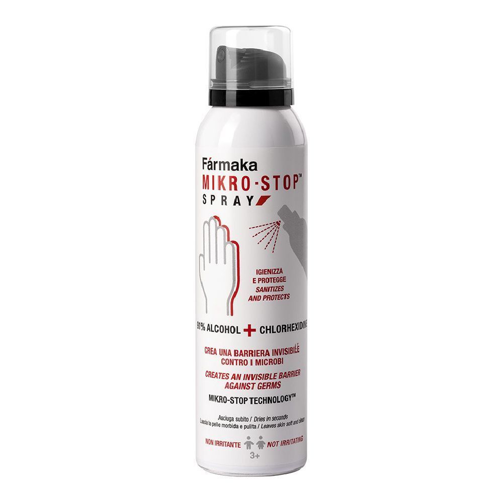 Spray bianco con erogatore nero. Scritta: Farmaka Mikro-Stop Spray, 91% alcool + clorexidina. Illustrazione mano.