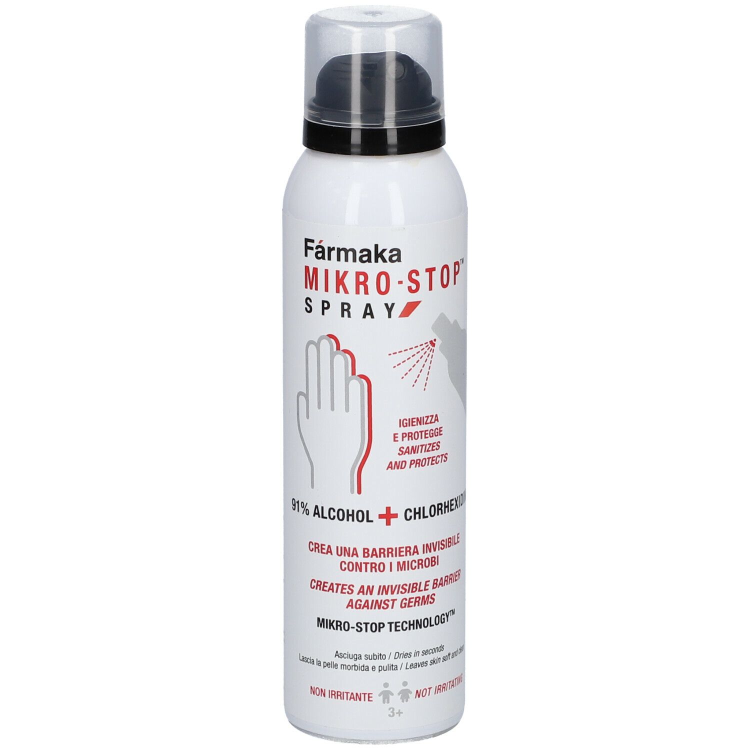 Spray bianco con erogatore nero. Scritta: Farmaka Mikro-Stop Spray, 91% alcool + clorexidina. Illustrazione mano.