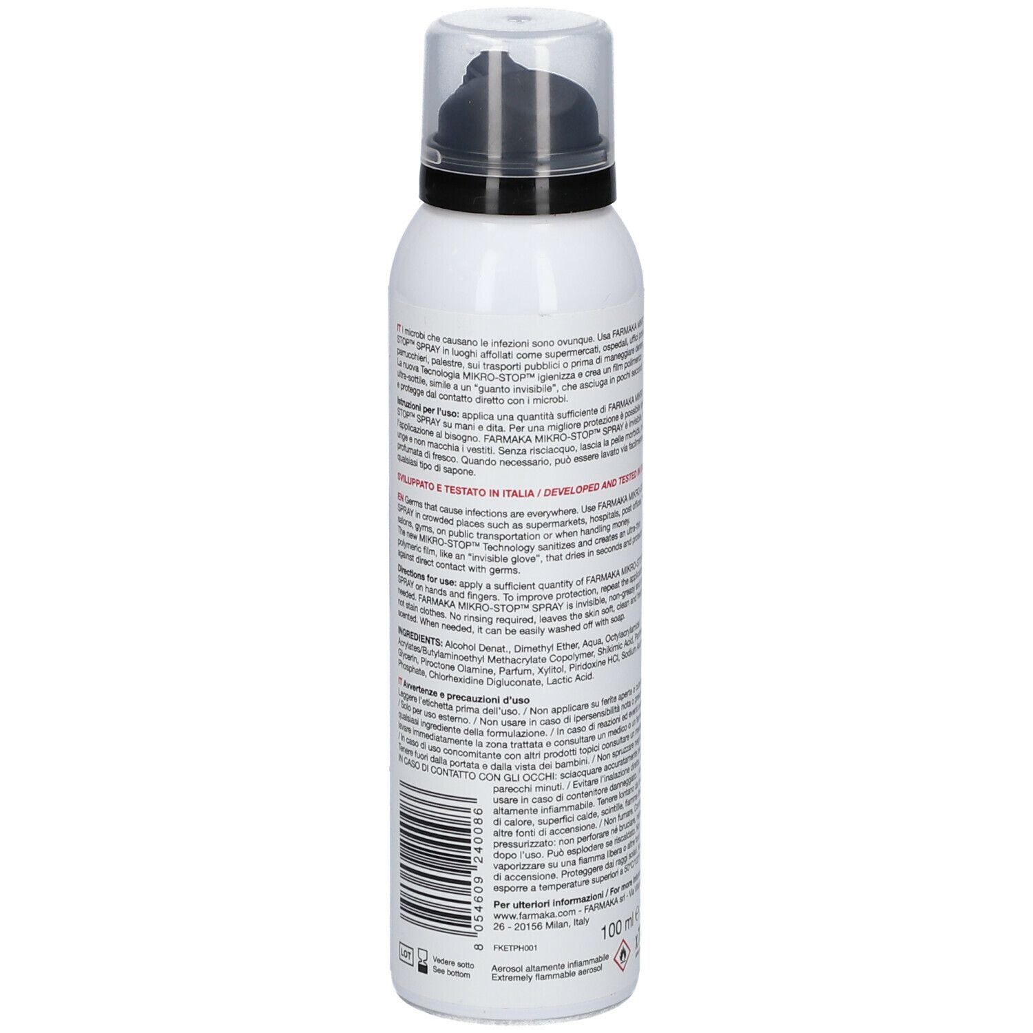 Retro di un flacone spray bianco. Testo in italiano. Indicazione del volume: 100 ml.