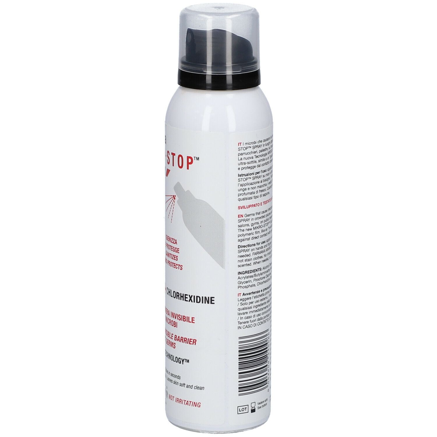 Retro di un flacone spray bianco. Testo in italiano. Indicazione del volume: 100 ml.
