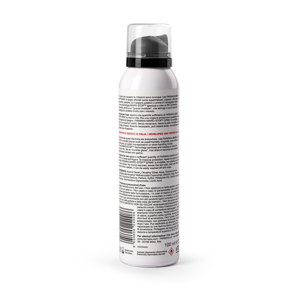 Retro di un flacone spray bianco. Testo in italiano. Codice a barre e indicazione del volume: 100 ml.