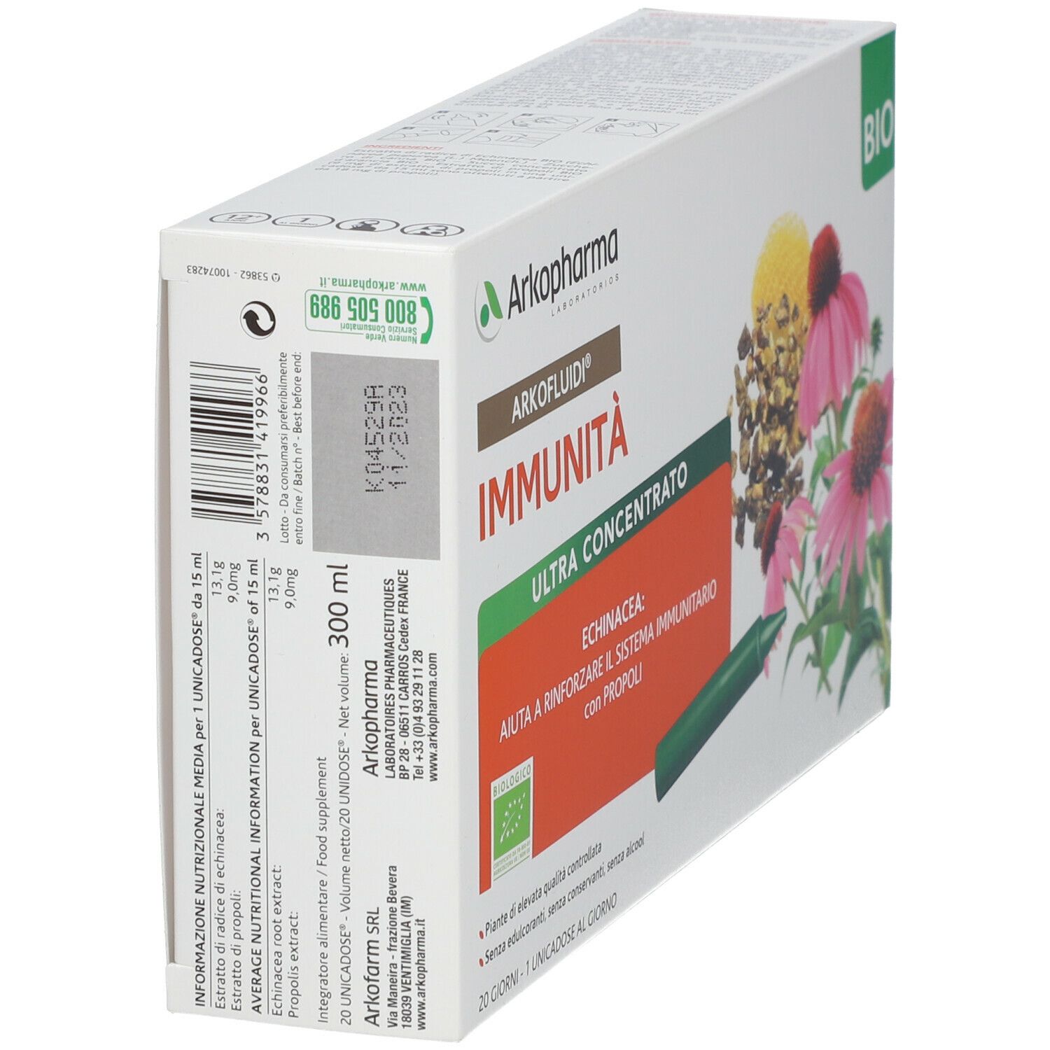 Scatola Arkopharma ARKOFLUIDI® Immunità Bio. Scritte: 300 ml, marchio BIO, informazioni nutrizionali, scadenza, contatti.