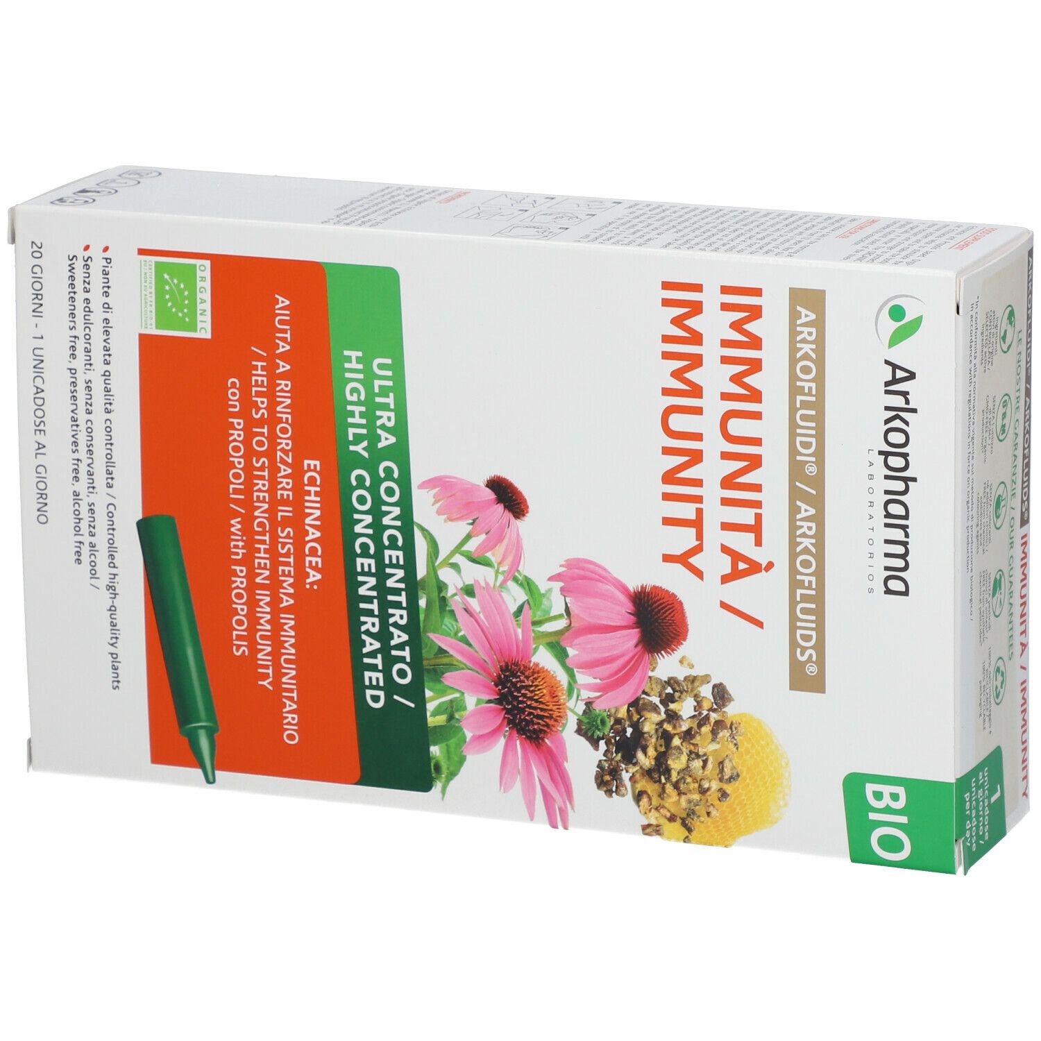 Scatola Arkopharma ARKOFLUIDI® Immunità Bio. Scritte: Echinacea, Ultra concentrato, marchio BIO, 20 dosi.