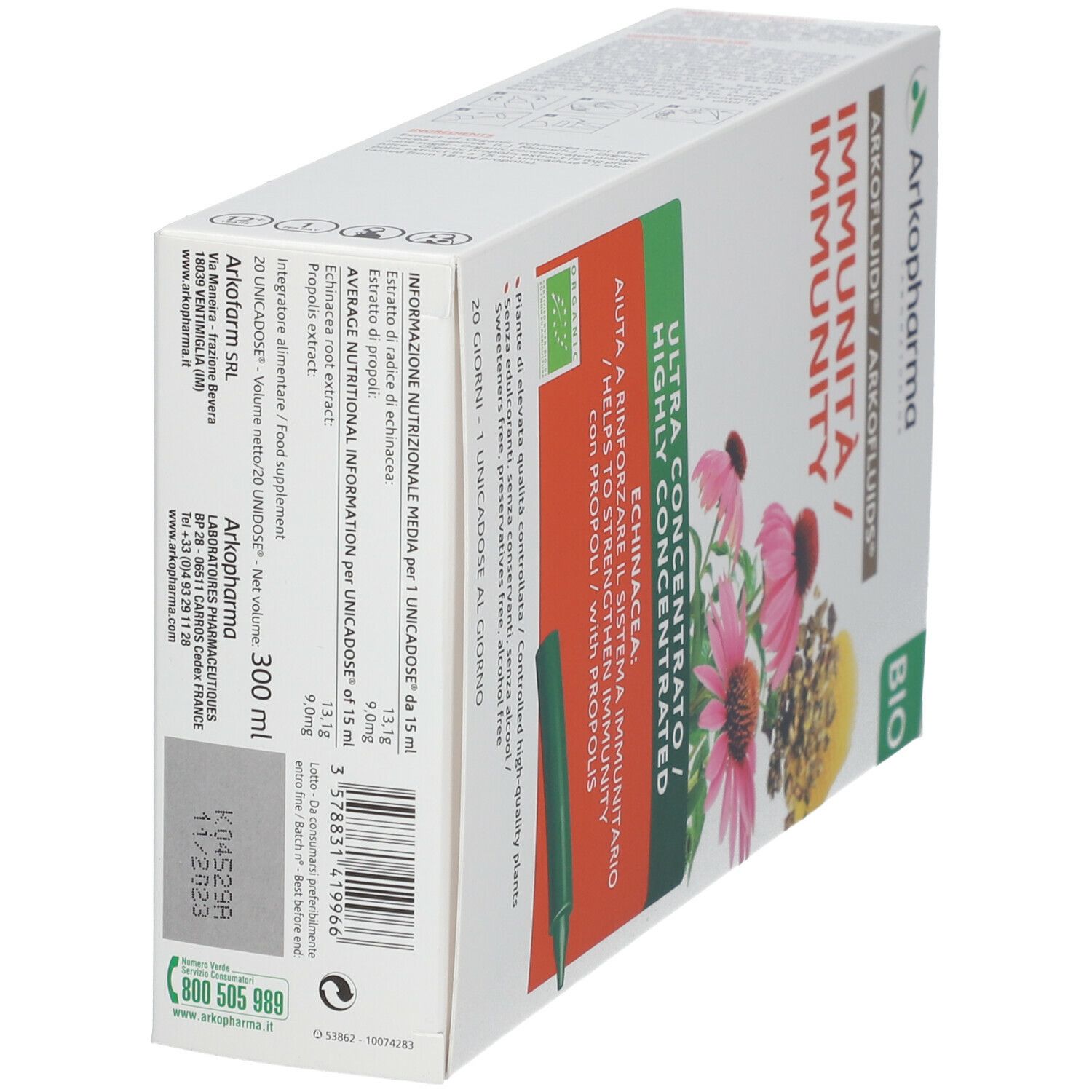 Scatola Arkopharma ARKOFLUIDI® Immunità Bio. Scritte: 300 ml, marchio BIO, informazioni nutrizionali, contatti, scadenza.