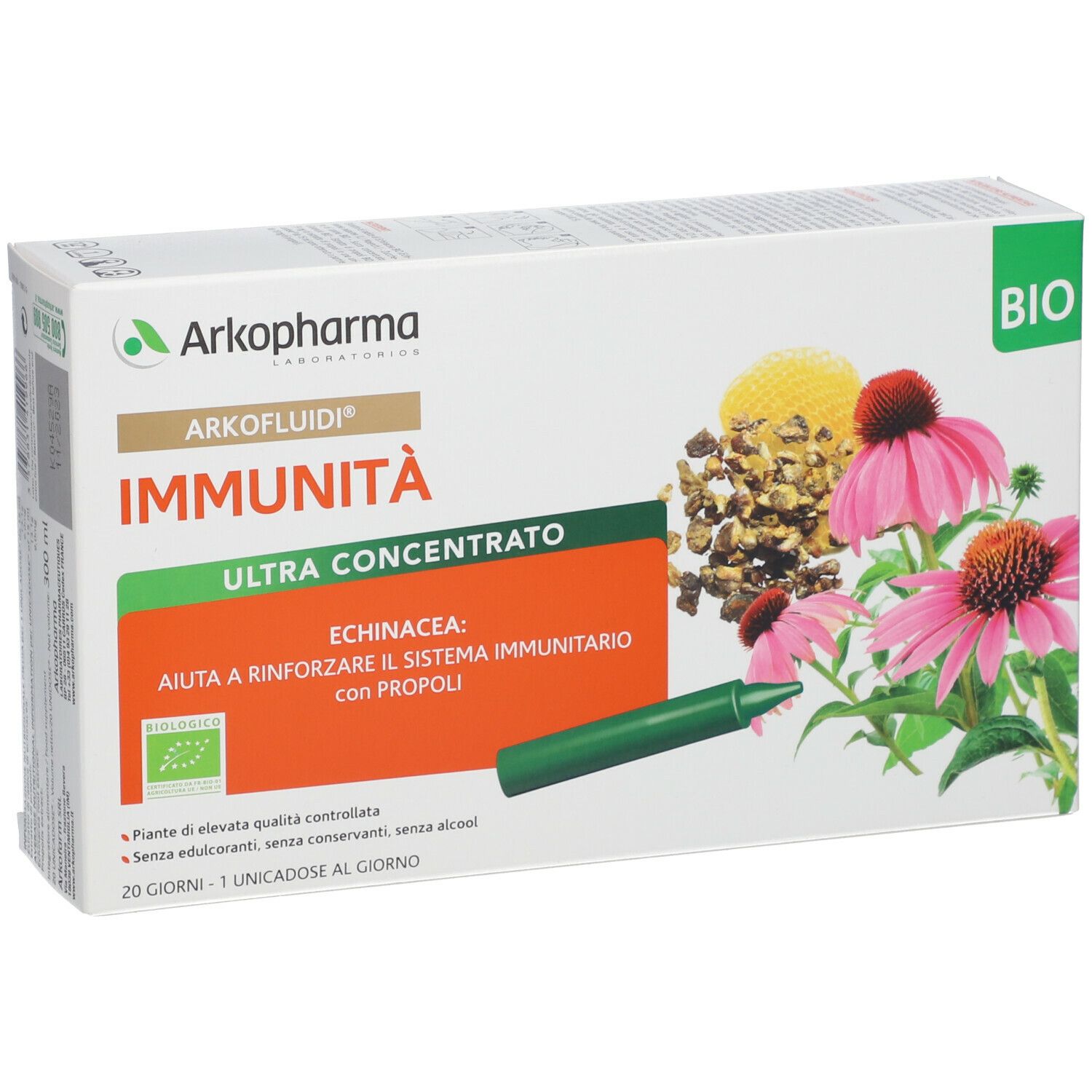 Scatola Arkopharma ARKOFLUIDI® Immunità Bio. Scritte: Echinacea, Ultra concentrato, marchio BIO, 20 dosi.