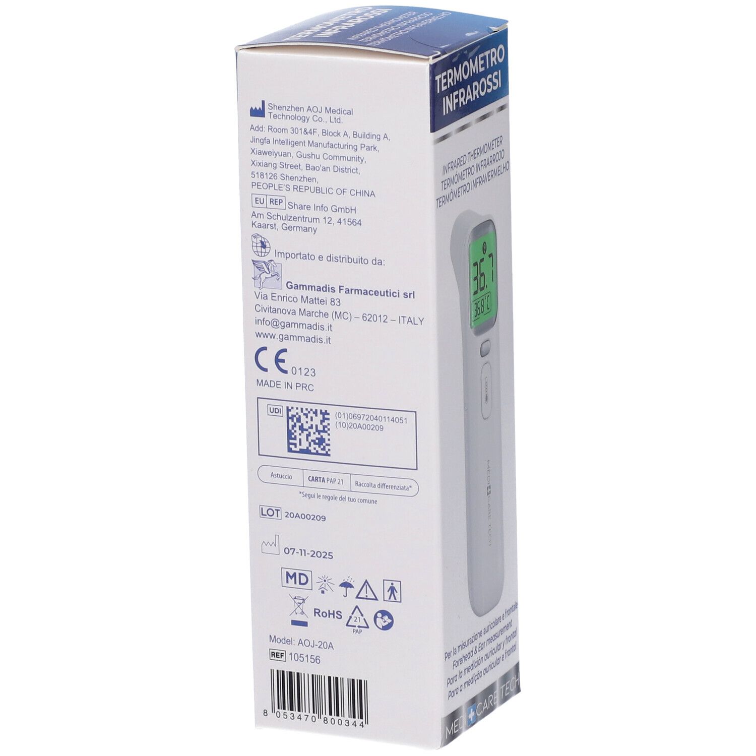 Retro della confezione del termometro. Testo: Gammadis, marchio CE, codice QR, modello AQJ-25A, simbolo MD.