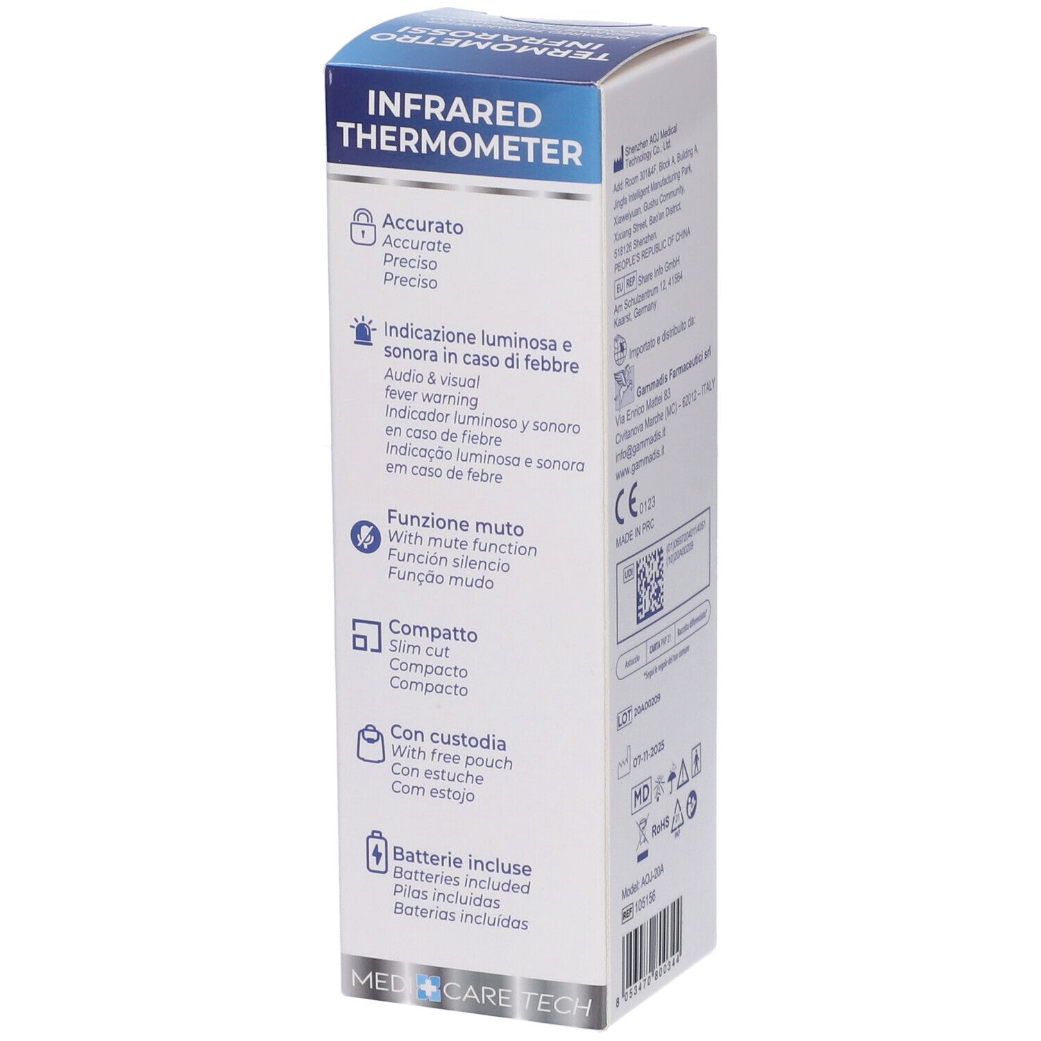 Lato della confezione del termometro. Testo: Accurate, Audio & visual, funzione muta, compatto, batterie incluse.
