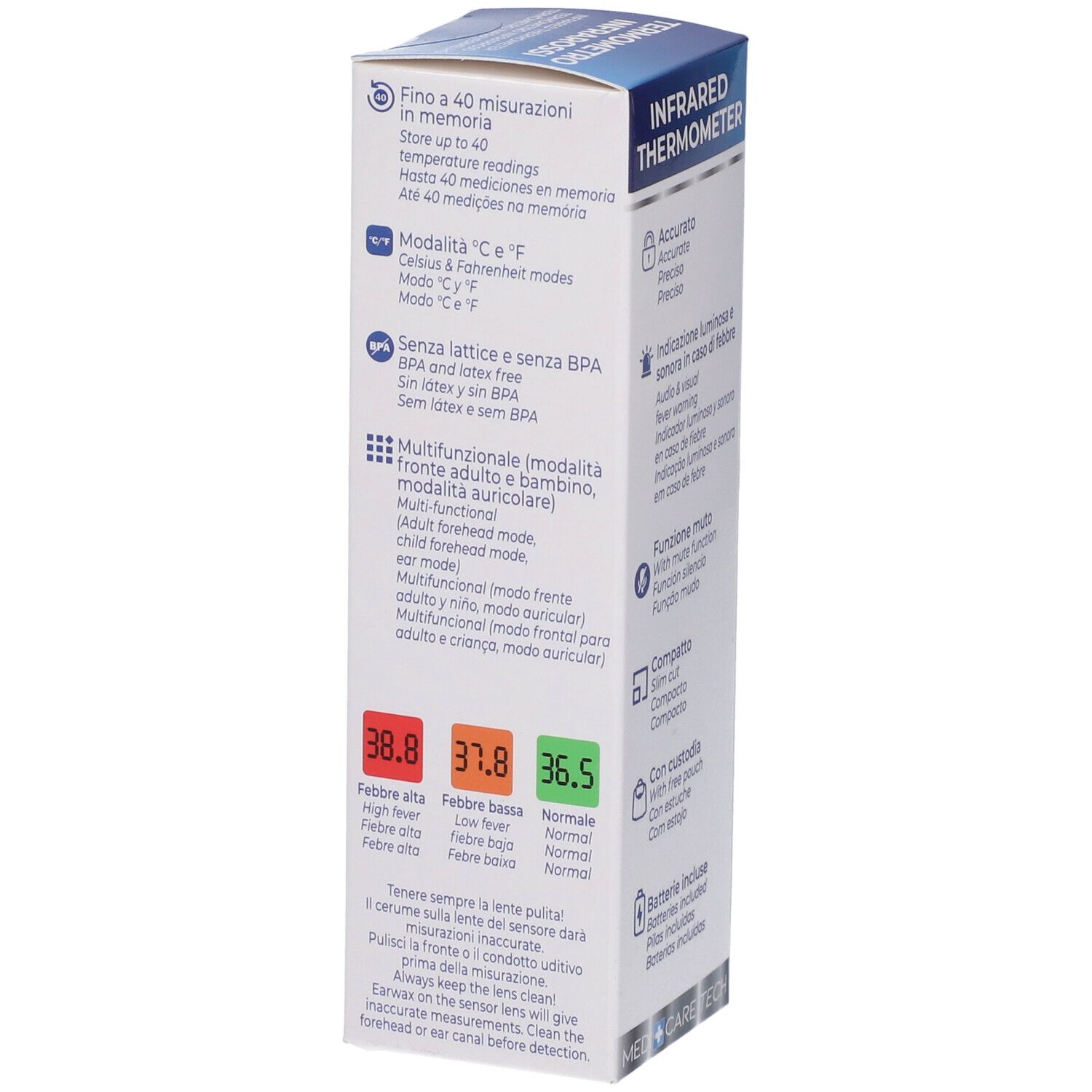 Lato della confezione del termometro. Testo: Memorizza fino a 40 letture, modalità °C & °F, senza BPA, multifunzionale.