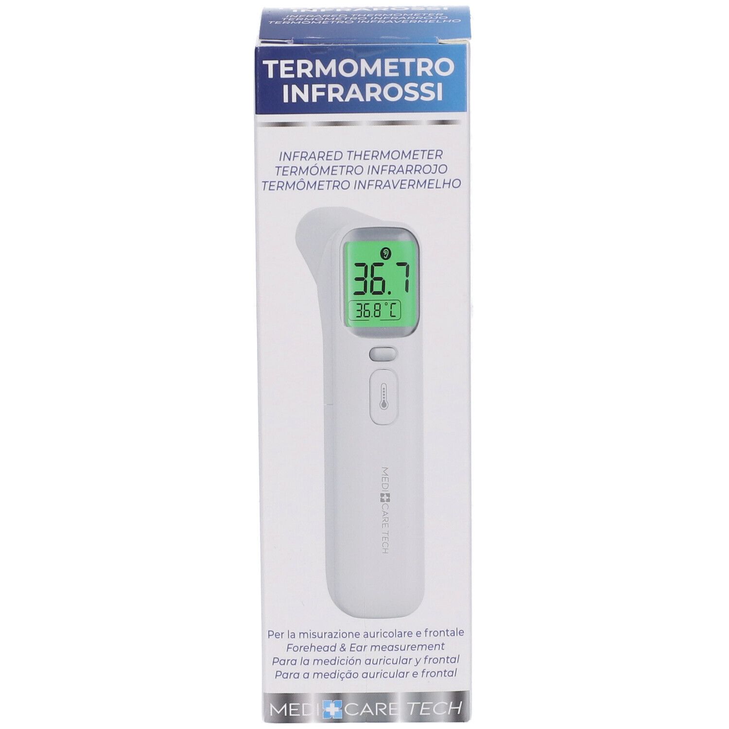 Termometro a infrarossi in confezione. Dispositivo bianco con display verde. Testo: Termometro Infrarossi, Med Care Tech.